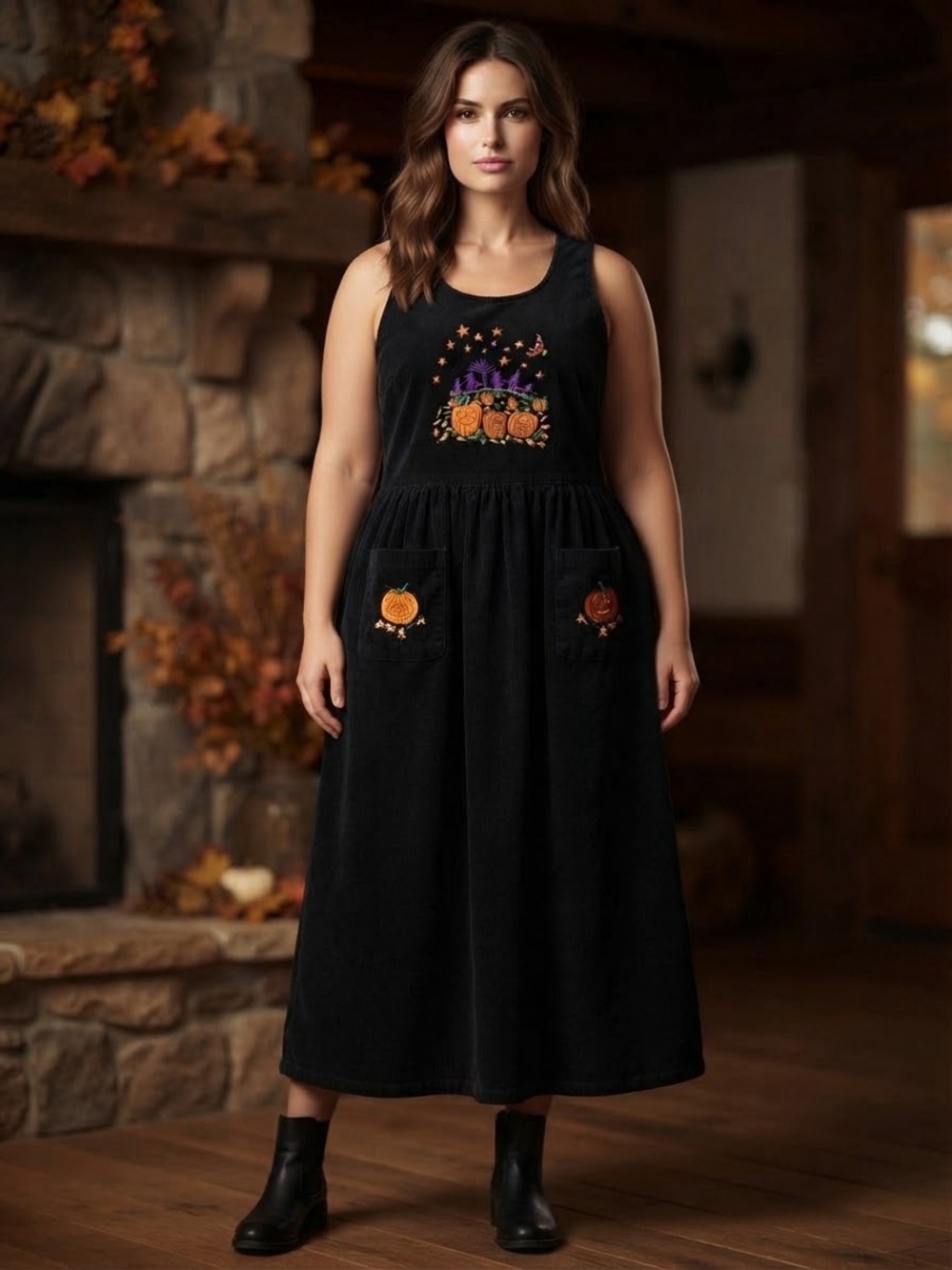 Vintage Black Pumpkin art to wear Embroidered Midi jumper Dress